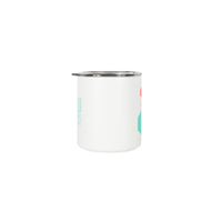 Full top product shot of the Topo Designs x Miir Camp Mug in "White Geo" showing side with Miir Logo.