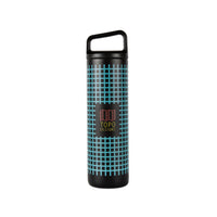 Full product shot of the Topo Designs x Miir Water Bottle showing size and Topo Designs grid pattern from the front in "Black Grid".
