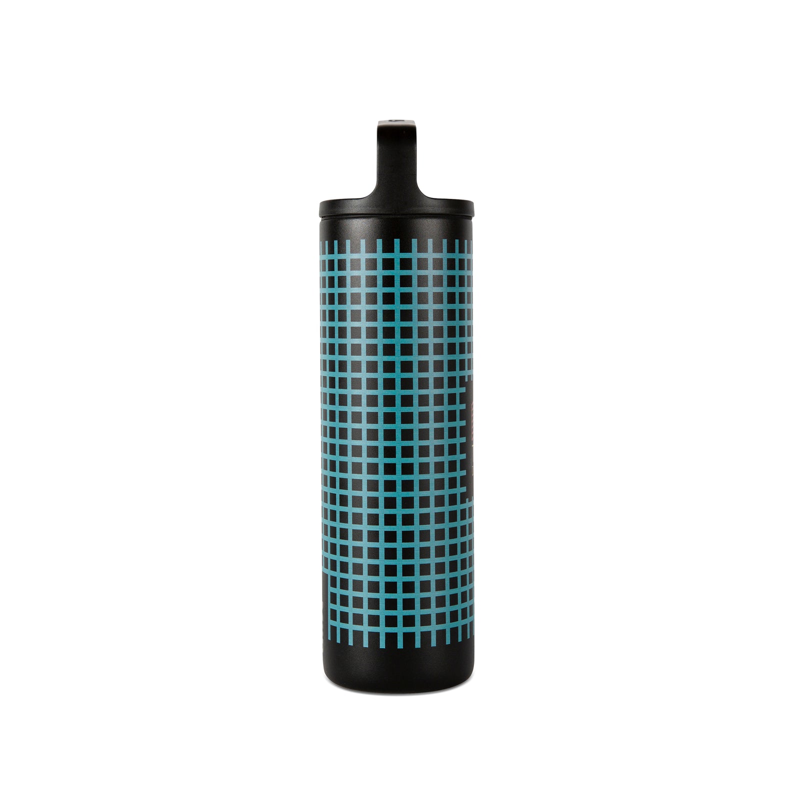 Full product shot of the Topo Designs x Miir Water Bottle showing size and Topo Designs grid pattern from the side in "Black Grid".