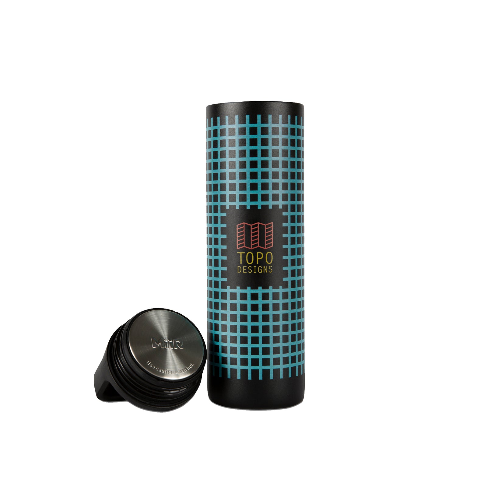 Full product shot of the Topo Designs x Miir Water Bottle showing size and Topo Designs grid pattern from the front with lid off in "Black Grid".