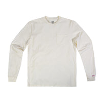 Front product shot of Topo Designs Men's Long Sleeve Pocket Tee in "Natural" white.