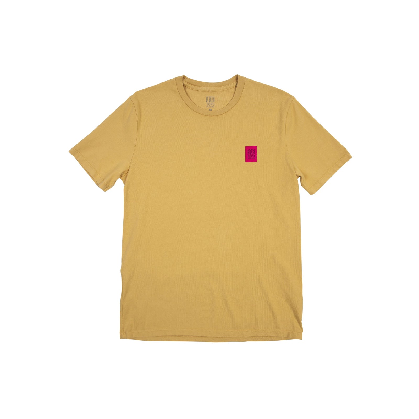 Front product shot of Topo Designs Men's Label short sleeve t-shirt in tan "Brown".