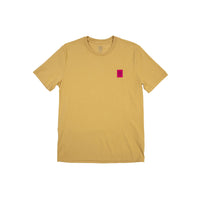 Front product shot of Topo Designs Men's Label short sleeve t-shirt in tan "Brown".