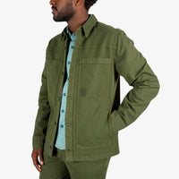 Topo Designs Men's Dirt shirt Jacket in "Olive" green on model.