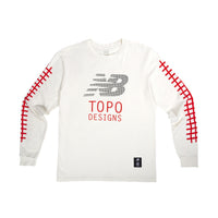 Front product shot of Topo Designs x New Balance Graphic tee long sleeve in natural