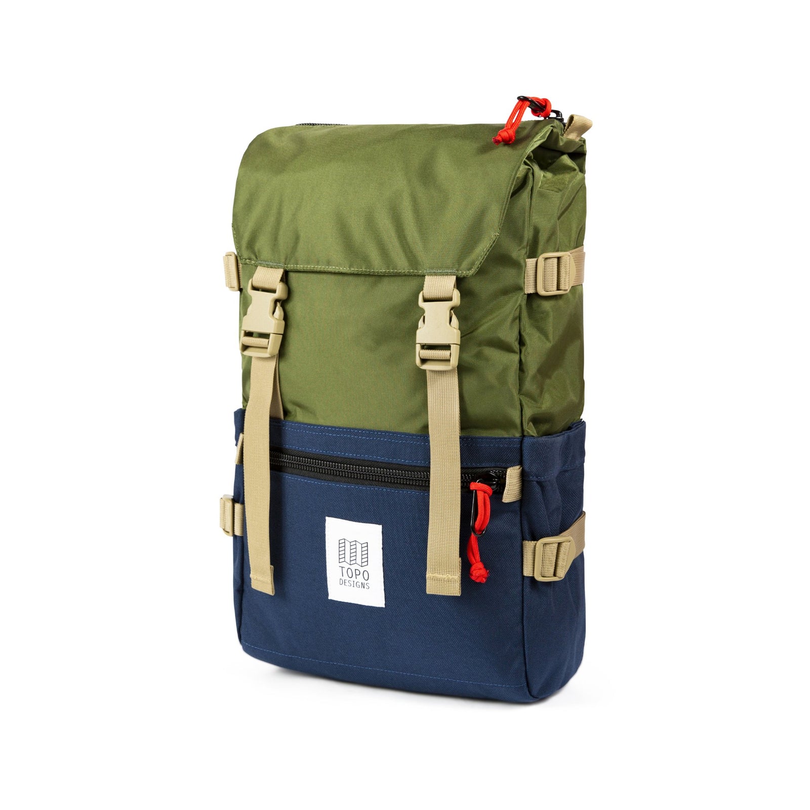 3/4 Front Product Shot of the Topo Designs Rover Pack Classic in "Olive / Navy".