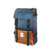 3/4 Front Product Shot of the Topo Designs Rover Pack Heritage Made in the USA Backpack in "Navy / Brown Leather".