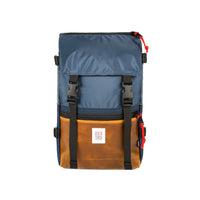 Front Product Shot of the Topo Designs Rover Pack Heritage Made in the USA Backpack in "Navy / Brown Leather".