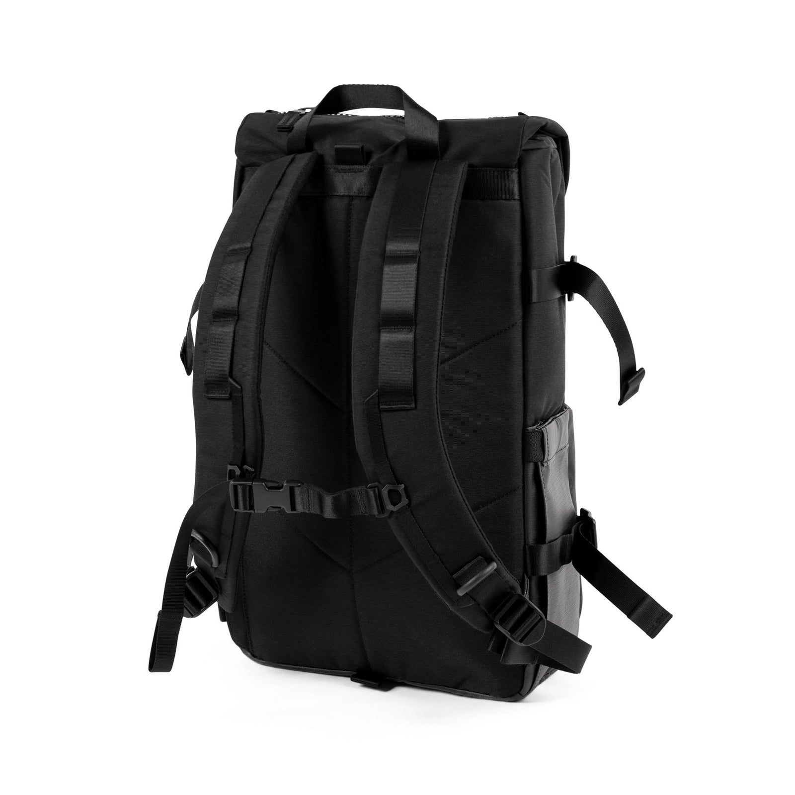 3/4 Back Product Shot of the Topo Designs Rover Pack Premium showing quilted back panel and backpack straps in "Premium Black".