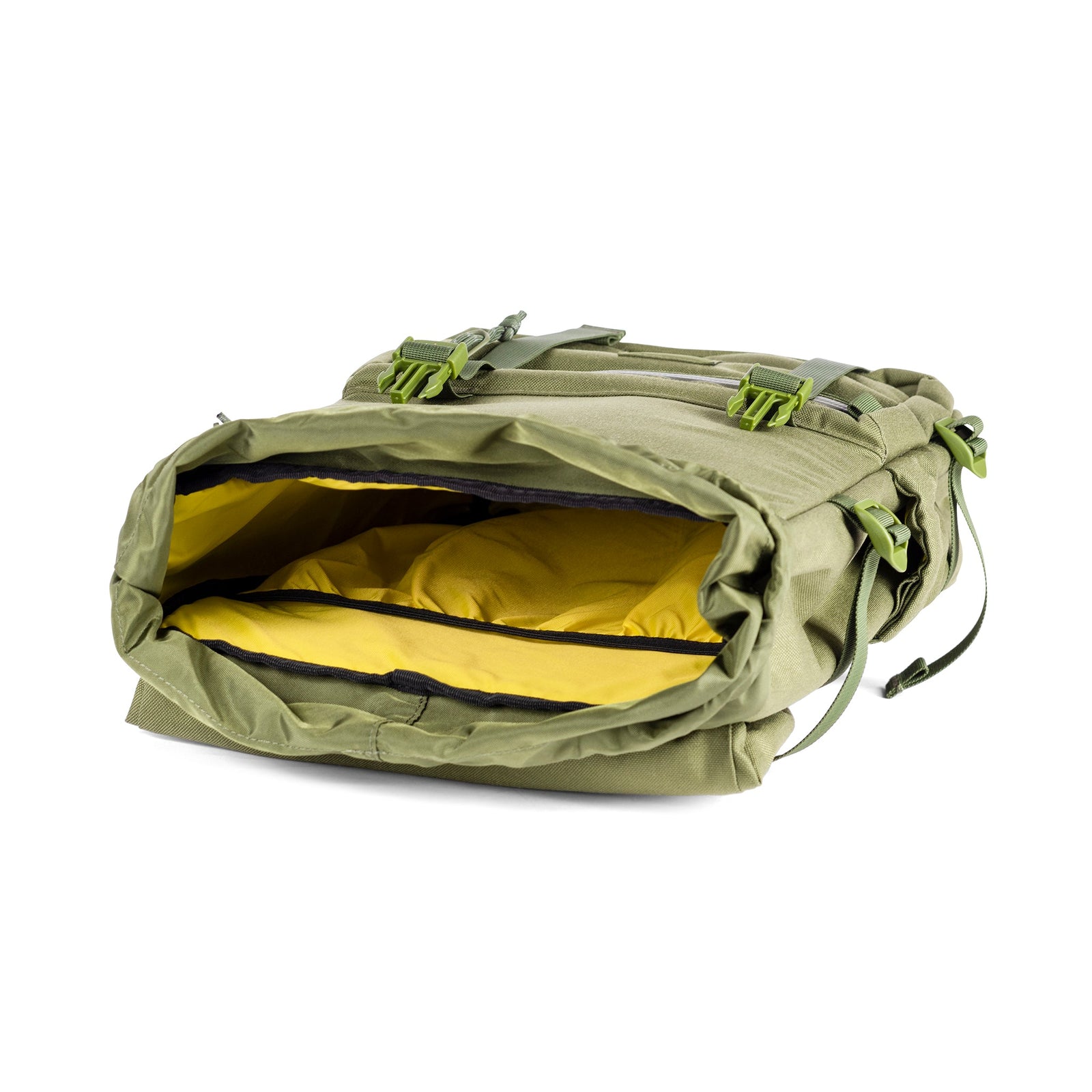 Detail Shot of the Topo Designs Rover Pack Tech in "Olive" green showing yellow inside and laptop sleeve