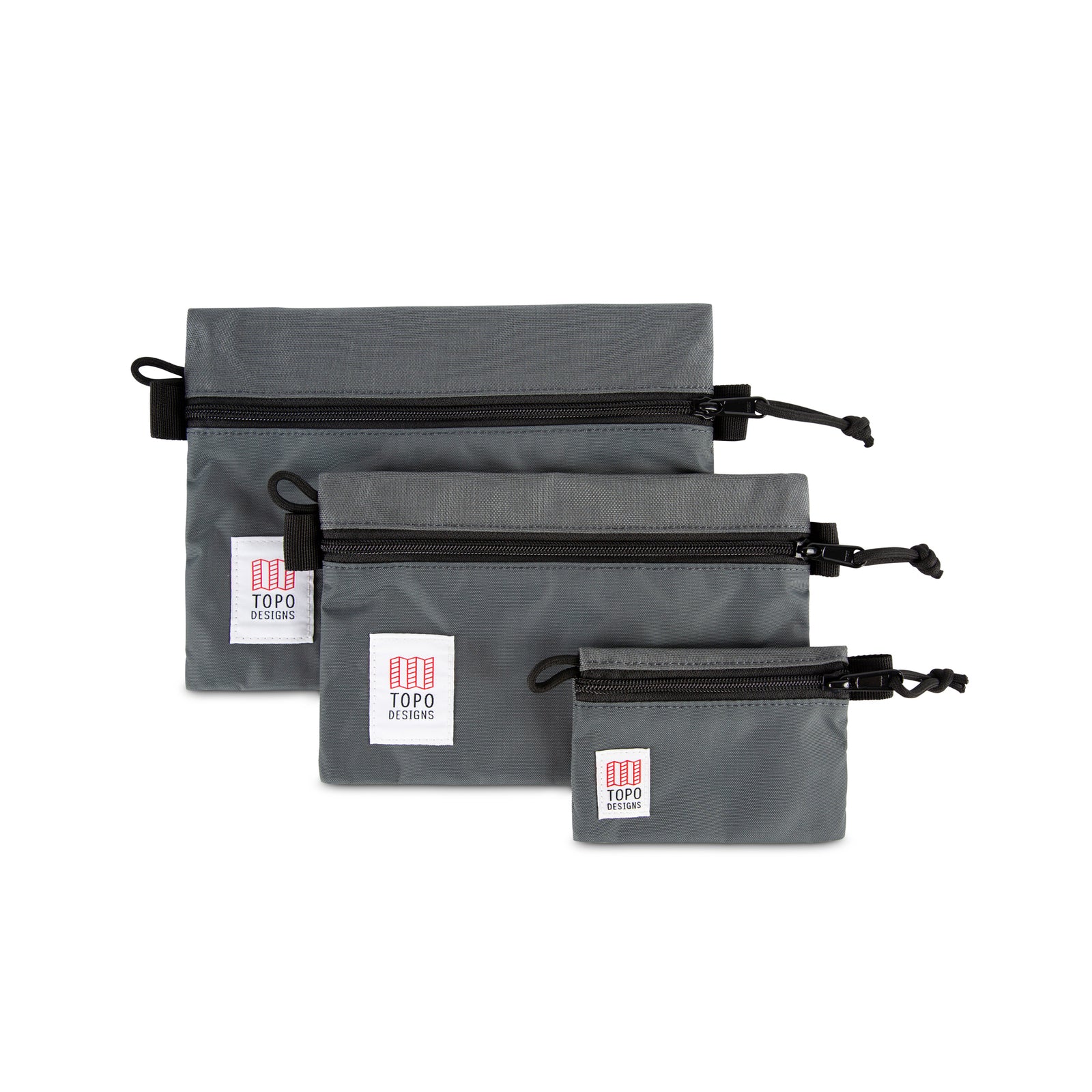 Topo Designs Accessory Bags - product shot of the "Medium", "Small", and "Micro" accessory bags in "Charcoal - Recycled" "Charcoal" gray.
