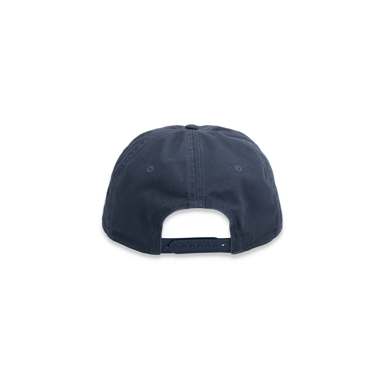 Back of Topo Designs 5 Panel Snapback Hat, embroidered logo baseball cap in "Navy" blue.