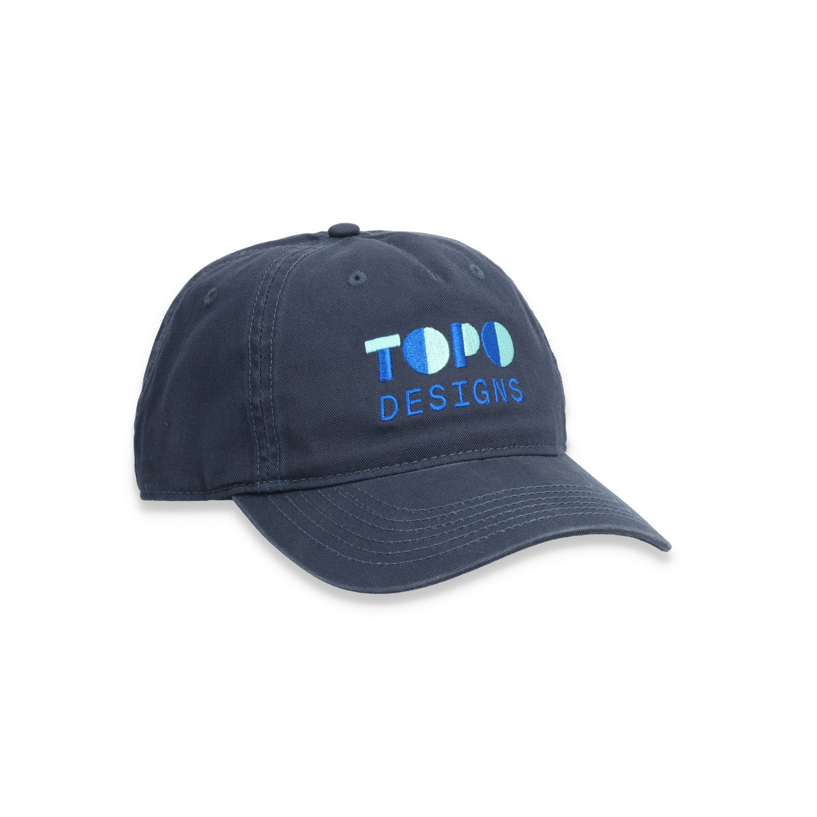 Topo Designs 5 Panel Snapback Hat, embroidered logo baseball cap in "Navy" blue.