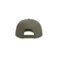 Back of Topo Designs 5 Panel Snapback Hat, embroidered logo baseball cap in "Olive" green.