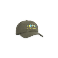 Topo Designs 5 Panel Snapback Hat, embroidered logo baseball cap in "Olive" green.