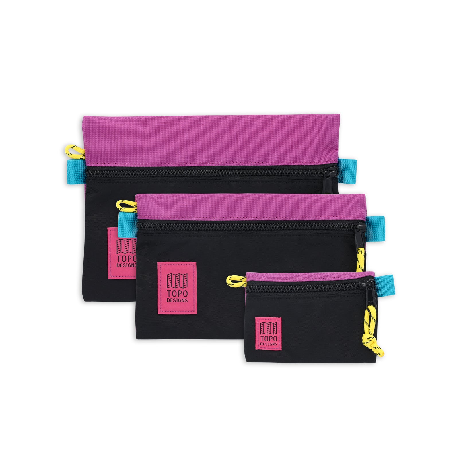 Topo Designs Accessory Bags - product shot of the "Medium", "Small", and "Micro" accessory bags in "Black / Grape - Recycled" purple nylon.