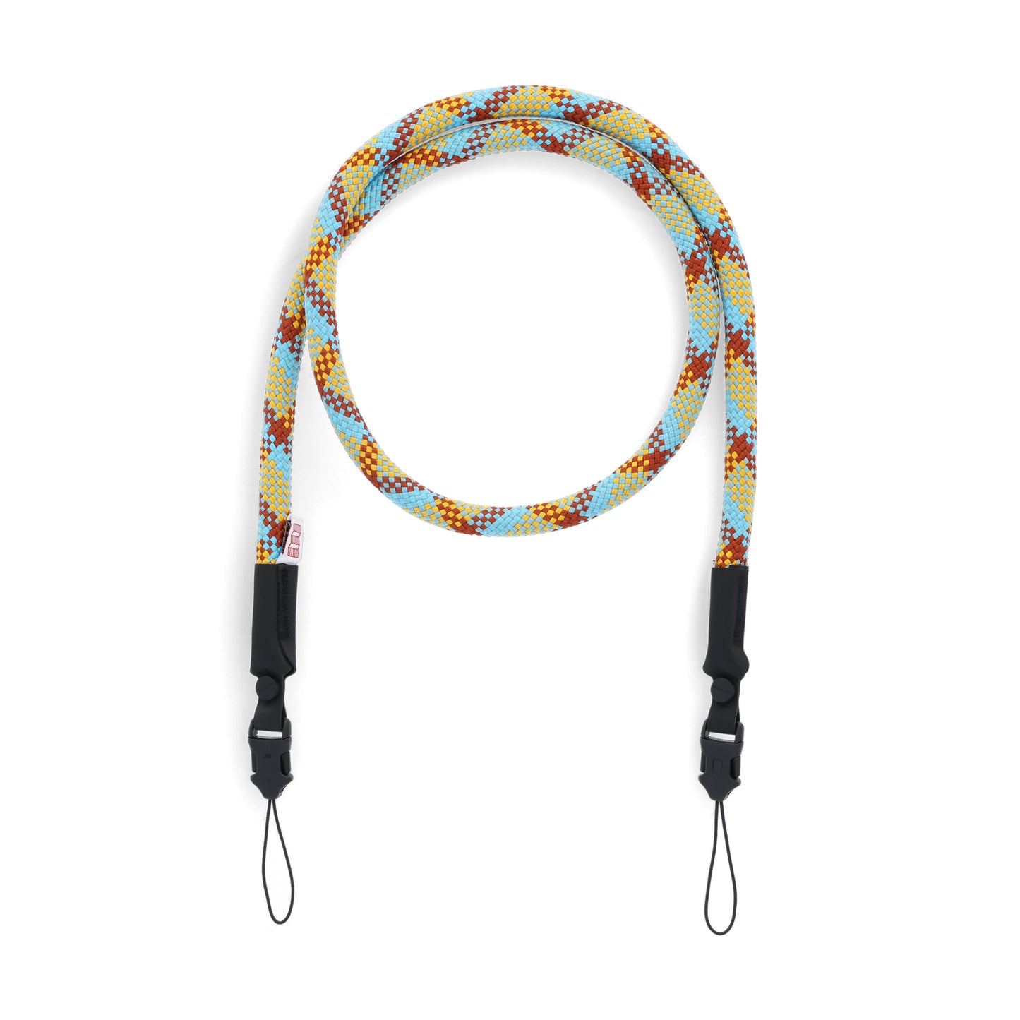Topo Designs Camera Strap in "Mustard / Clay" yellow orange and blue.