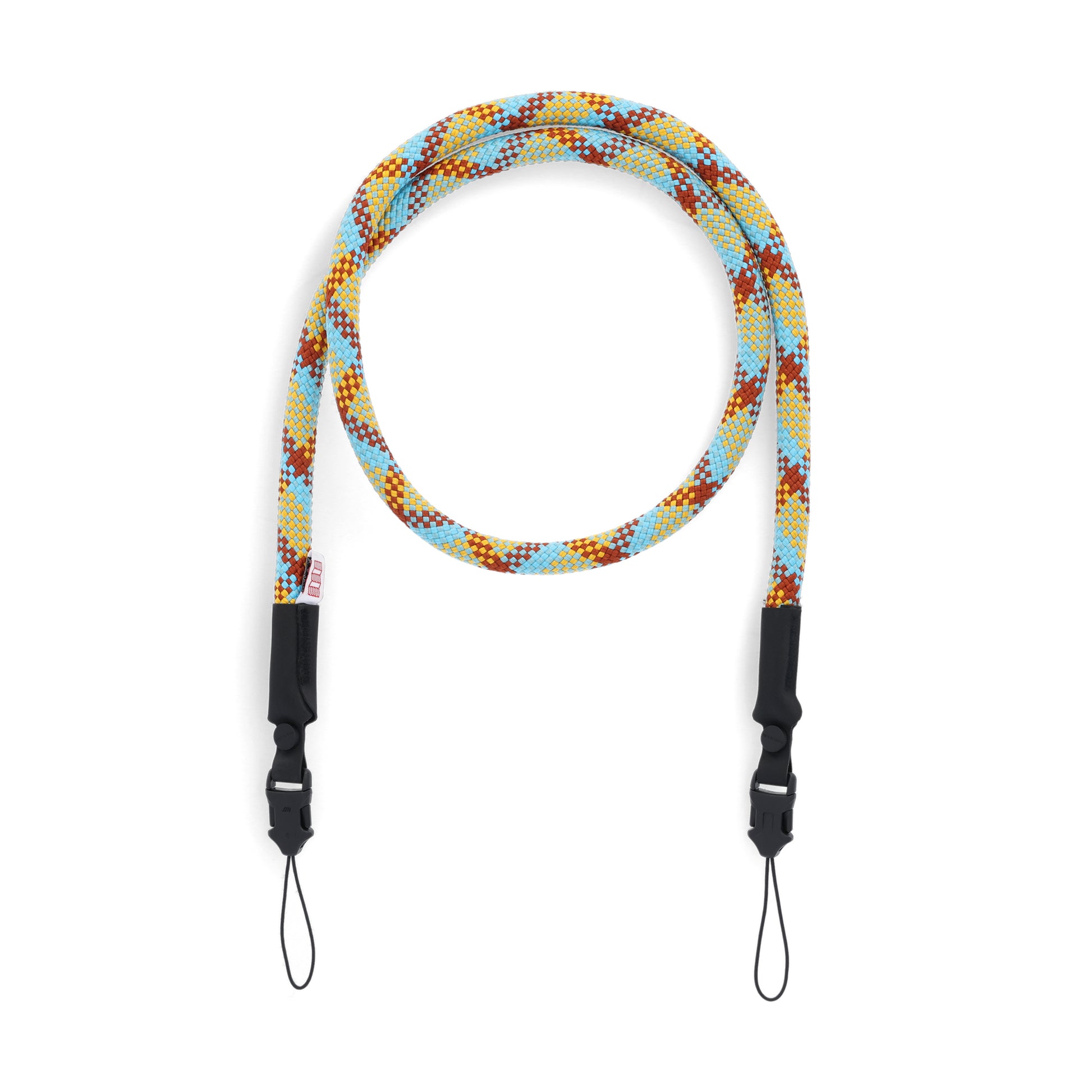 Topo Designs Camera Strap in "Mustard / Clay" yellow orange and blue.