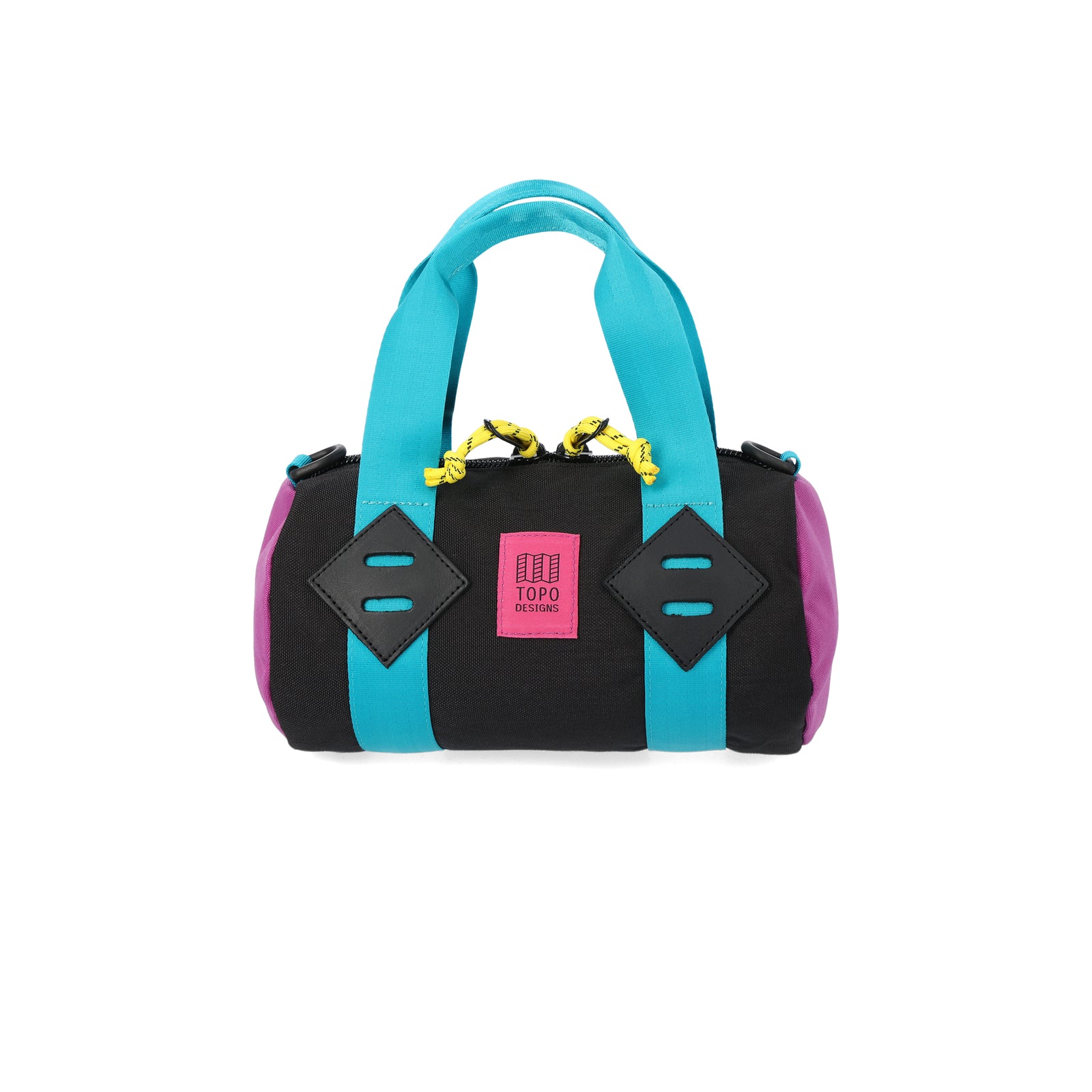 Topo Designs Mini Classic Duffel Bag shoulder crossbody purse in recycled "Black / Grape" purple nylon.