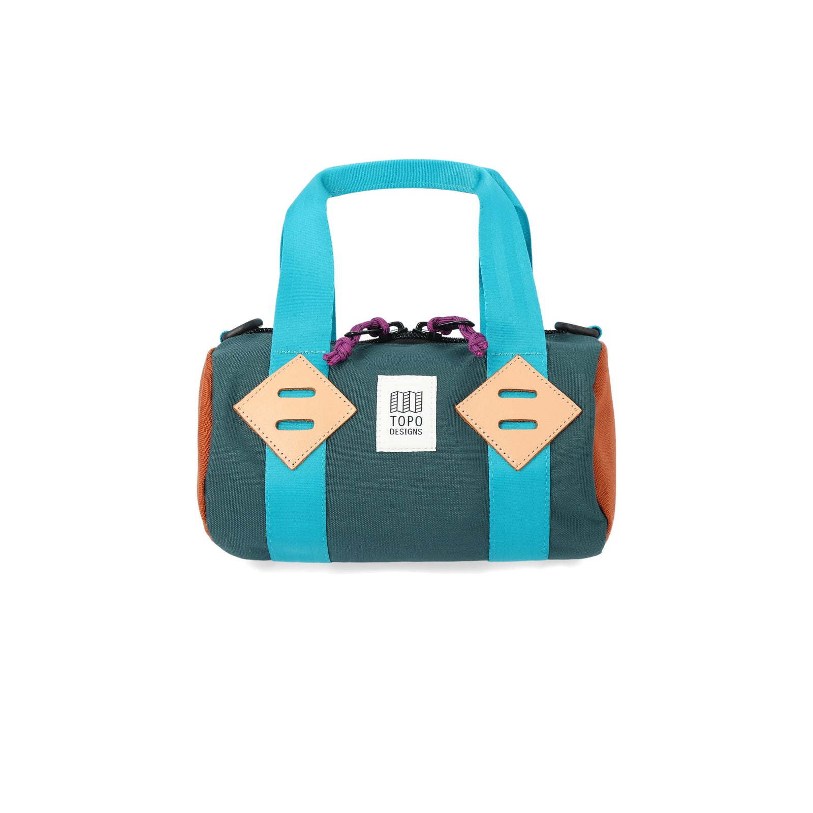 Topo Designs Mini Classic Duffel Bag shoulder crossbody purse in recycled "Botanic Green / Clay" nylon.