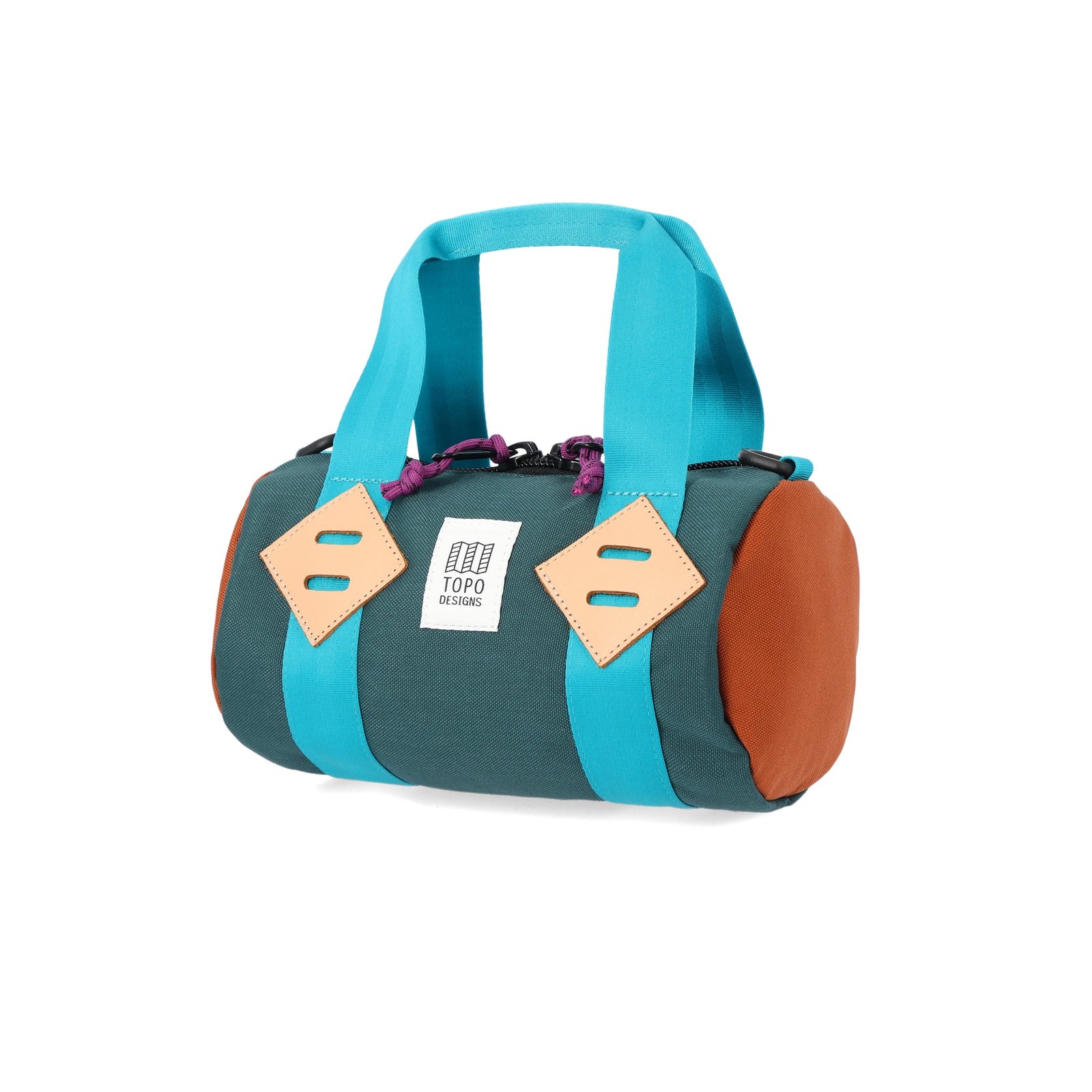 Topo Designs Mini Classic Duffel Bag shoulder crossbody purse in recycled "Botanic Green / Clay" nylon.