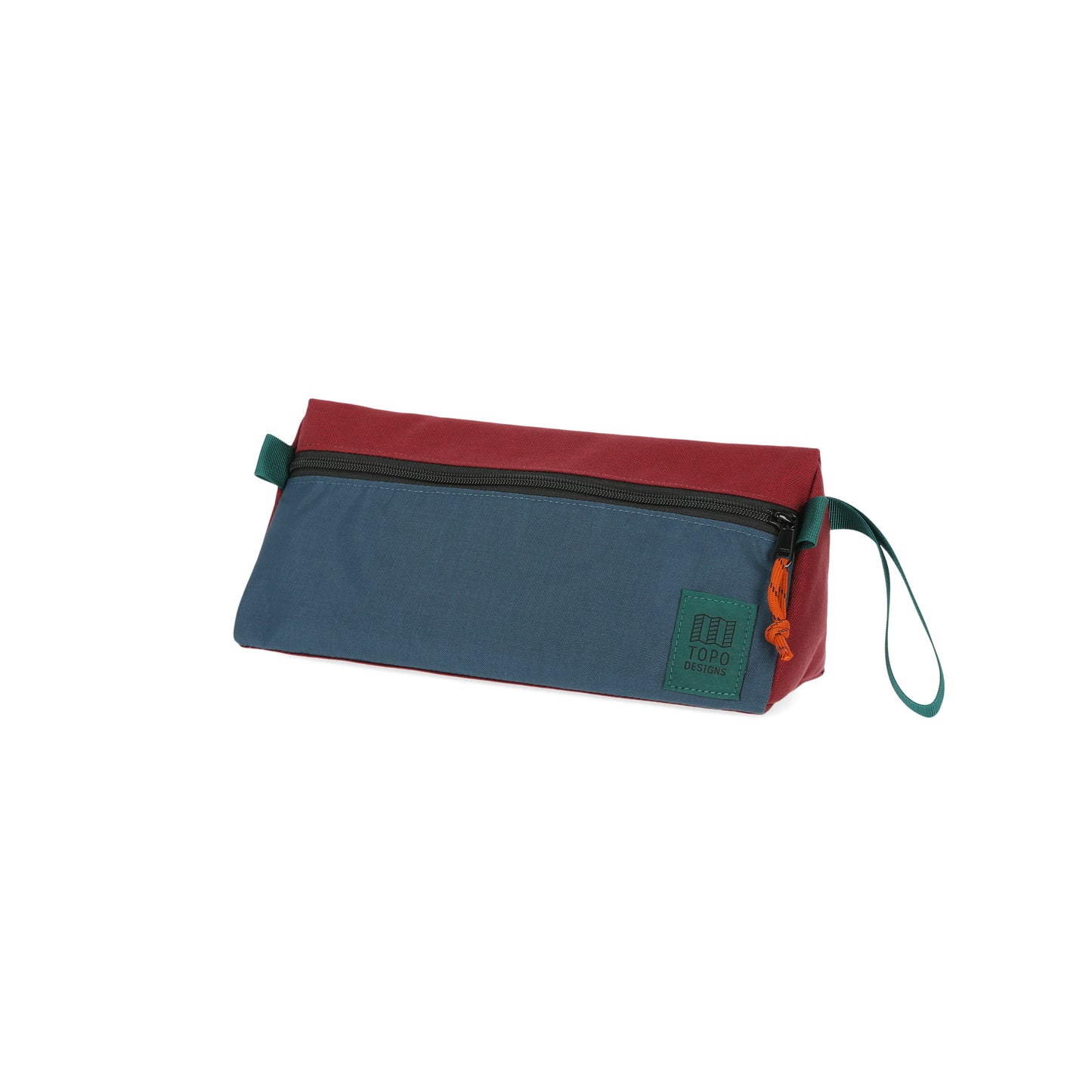 Topo Designs Dopp Kit toiletry travel bag in recycled "Pond Blue / Zinfandel - Recycled" red nylon.