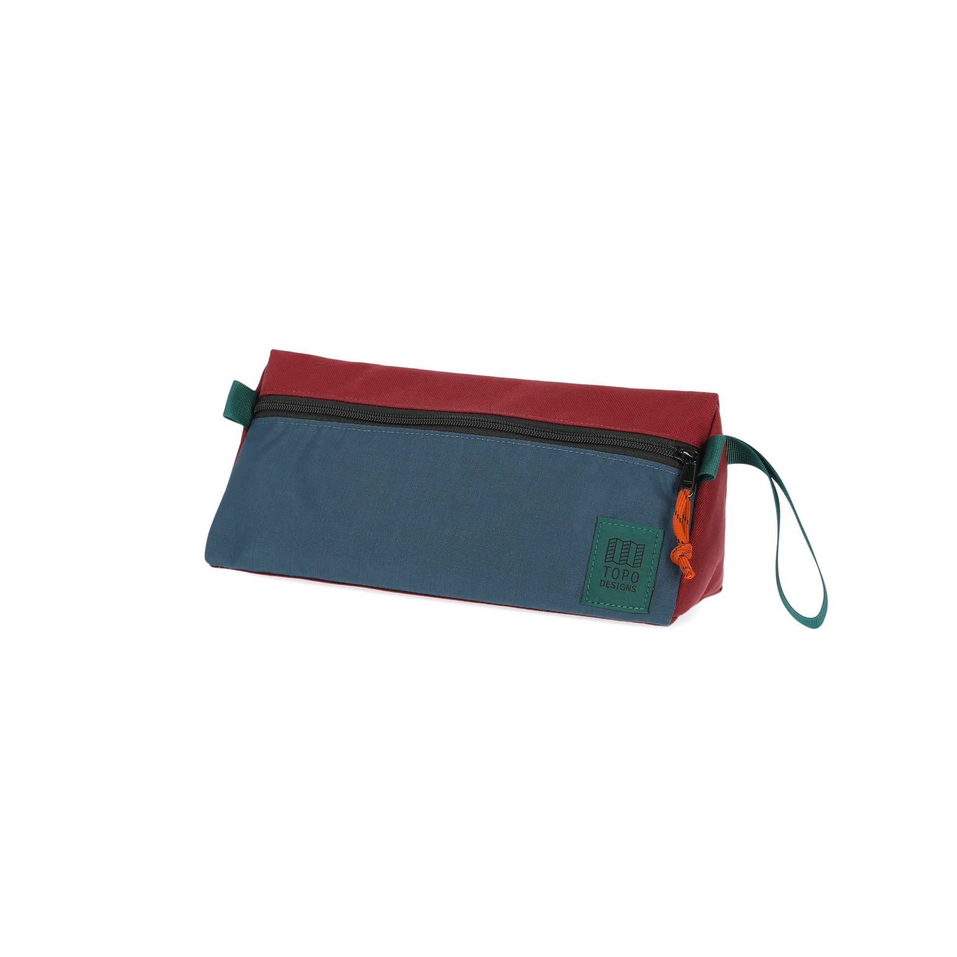 Topo Designs Dopp Kit toiletry travel bag in recycled "Pond Blue / Zinfandel - Recycled" red nylon.