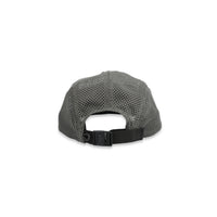 Adjustable back strap on Topo Designs Global mesh back Hat in "Charcoal" gray. Unstructured 5-panel flexible brim packable hat.