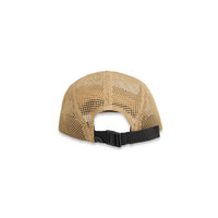 Adjustable back strap on Topo Designs Global mesh back Hat in "khaki" brown. Unstructured 5-panel flexible brim packable hat.