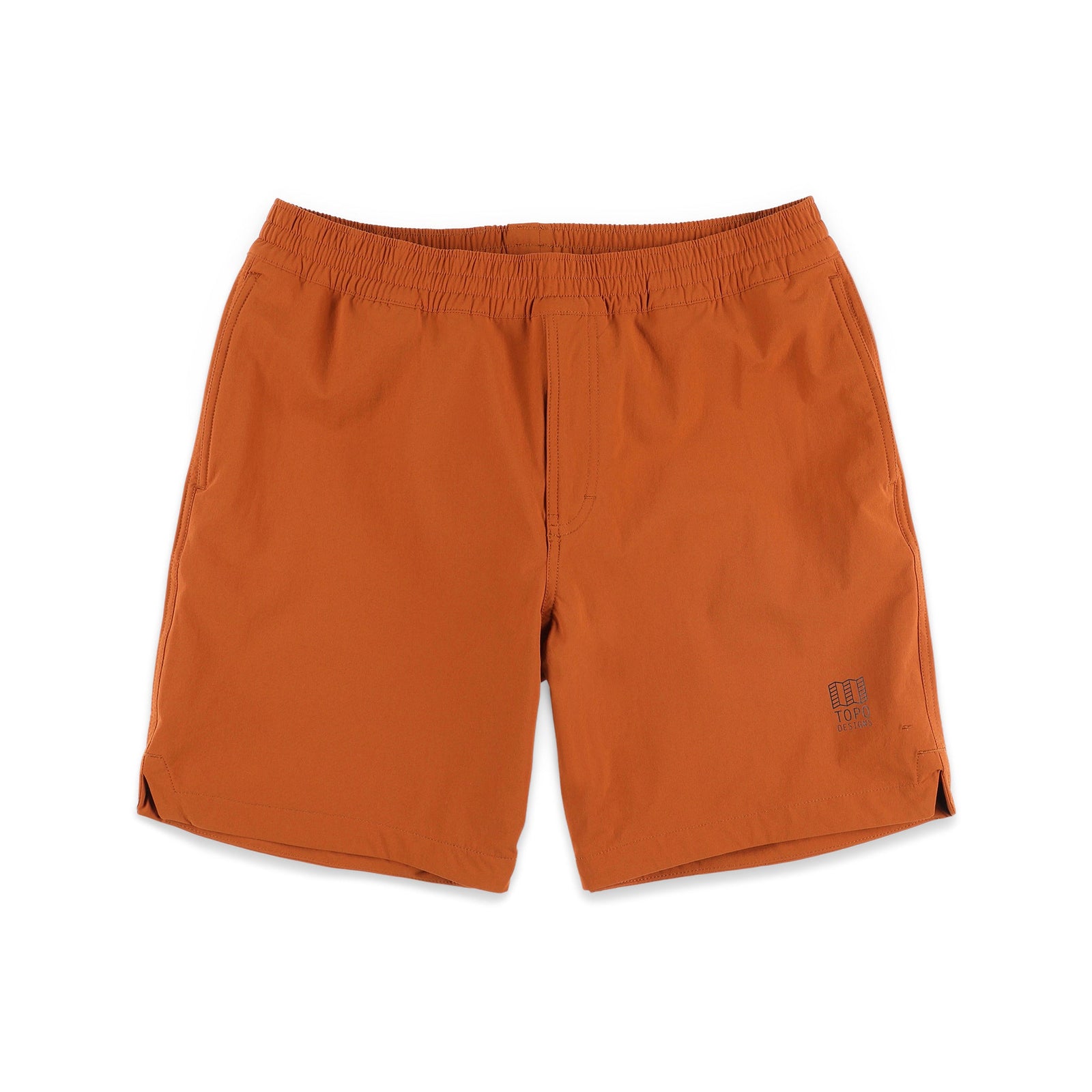 Topo Designs Men's Global lightweight quick dry travel Shorts in "Brick" orange.