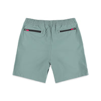 Back zipper pockets on Topo Designs Men's Global lightweight quick dry travel Shorts in "Slate" blue.