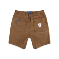 Back pockets on Topo Designs Men's Mountain organic cotton Shorts in "Dark Khaki" brown.