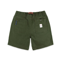 Back pockets on Topo Designs Men's Mountain organic cotton Shorts in "Olive" green.
