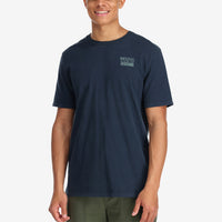 General shot of Topo Designs Men's Peaks & Valleys short sleeve 100% organic cotton graphic t-shirt in navy blue on model.