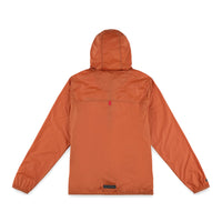 Back of Topo Designs Men's Ultralight Jacket packable lightweight windbreaker in recycled "Brick" orange nylon.