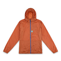 Topo Designs Men's Ultralight Jacket packable lightweight windbreaker in recycled "Brick" orange nylon.