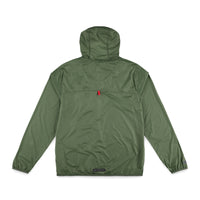 Back of Topo Designs Men's Ultralight Jacket packable lightweight windbreaker in recycled "Olive" green nylon.