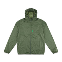 Topo Designs Men's Ultralight Jacket packable lightweight windbreaker in recycled "Olive" green nylon.