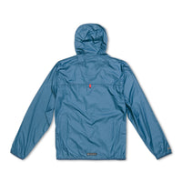 Back of Topo Designs Men's Ultralight Jacket packable lightweight windbreaker in recycled "Pond Blue" nylon.