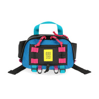 Topo Designs Mountain Hip Pack lumbar bum bag in lightweight recycled "Black / Blue" nylon.