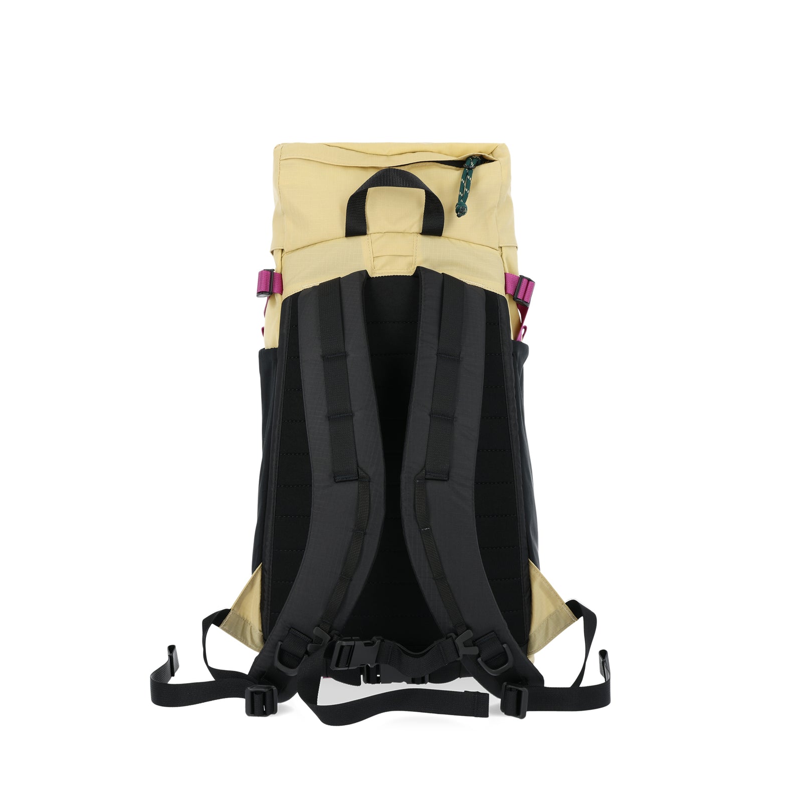 General shot of padded backpack straps and sternum strap on back of Topo Designs Mountain Pack 16L hiking backpack with internal laptop sleeve in lightweight recycled nylon hemp bone brown.