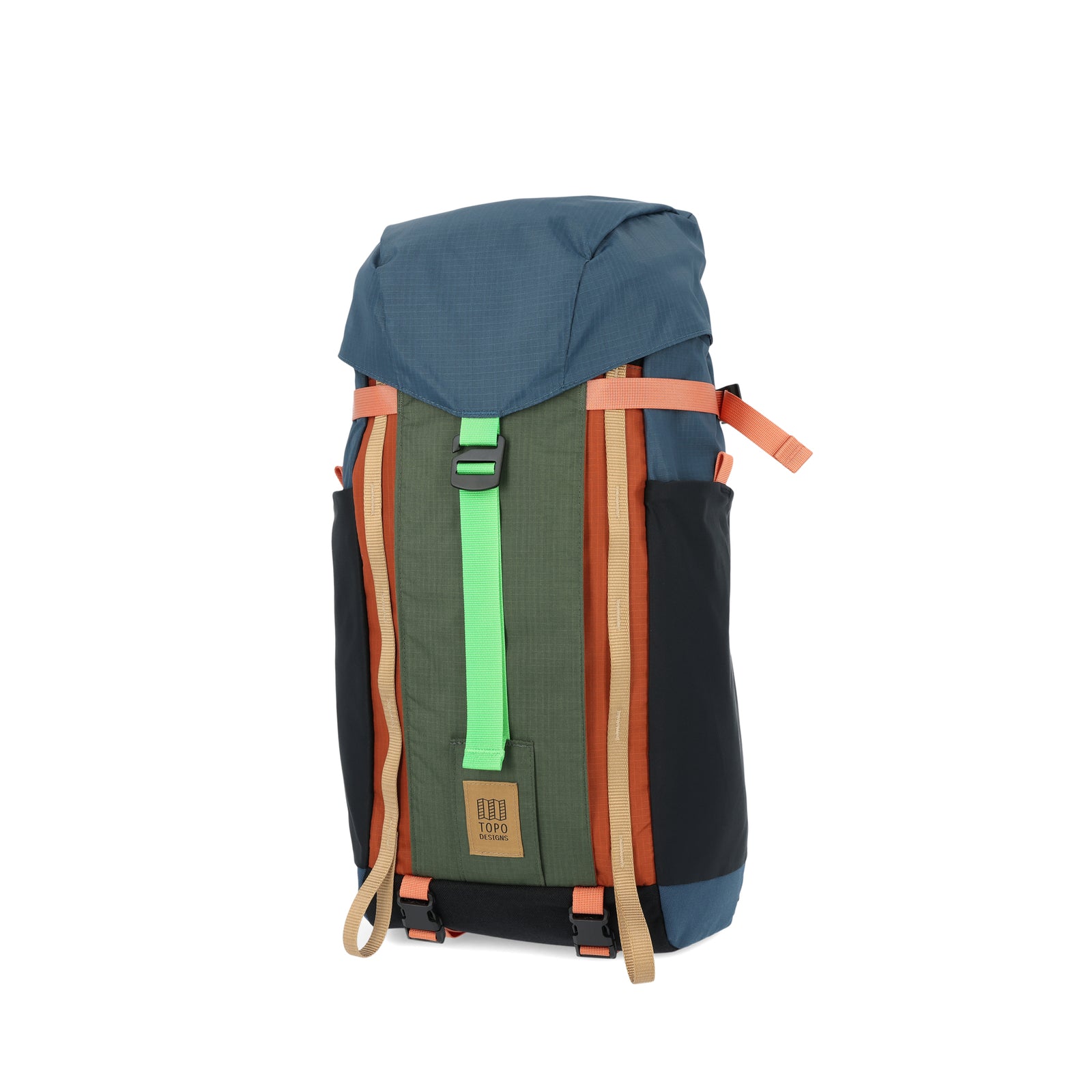 Topo Designs Mountain Pack 16L hiking backpack with internal laptop sleeve in lightweight recycled nylon "Pond Blue / Olive" green.