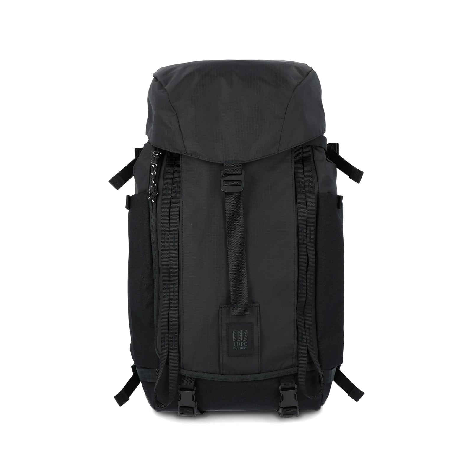 Topo Designs Mountain Pack 28L hiking backpack with external laptop sleeve access in lightweight recycled "Black" nylon.