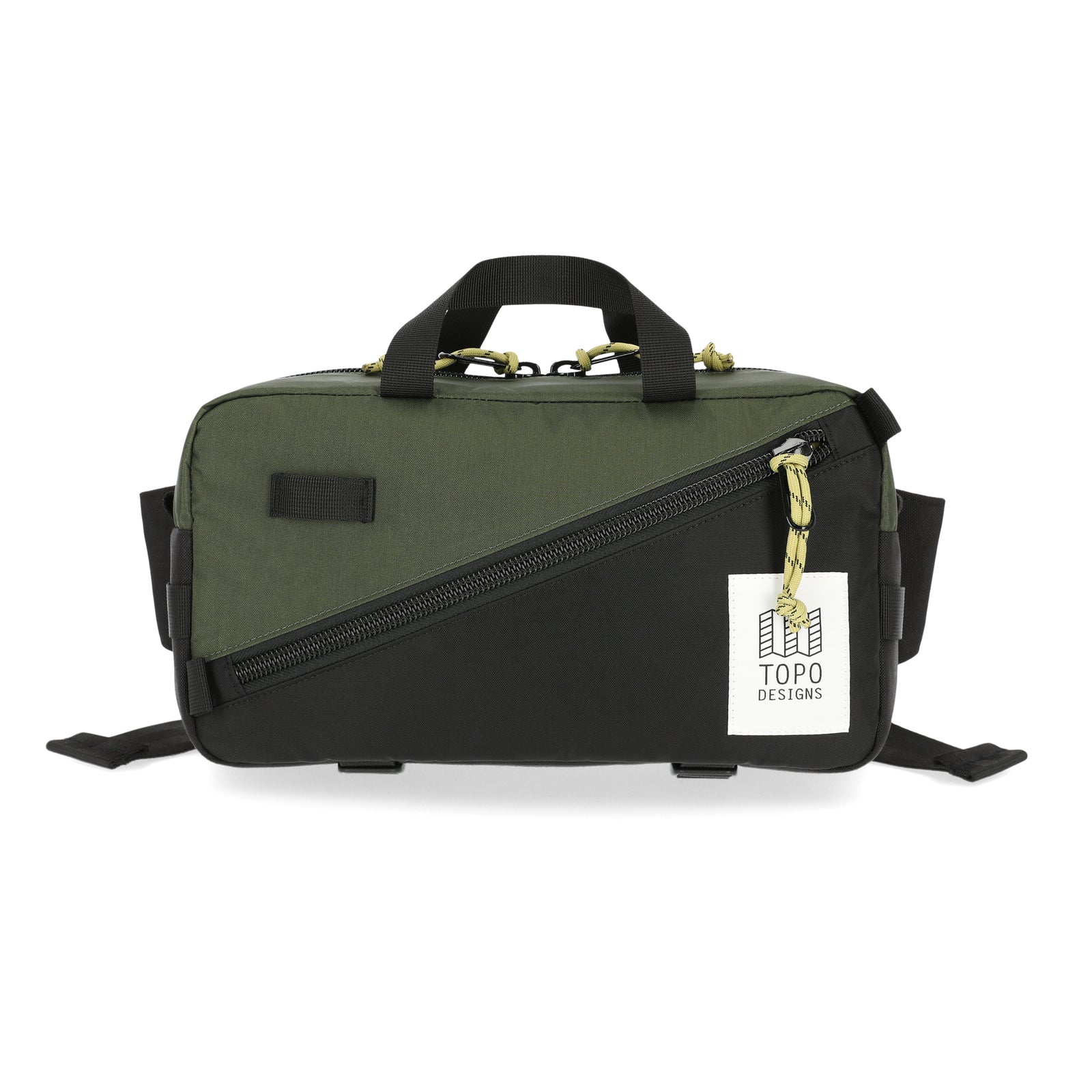 Topo Designs Quick Pack hip fanny pack in "Black / Olive" nylon.