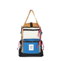 Topo Designs River Bag cinch top tote backpack with mesh sides in "Bone White / Blue" recycled nylon.