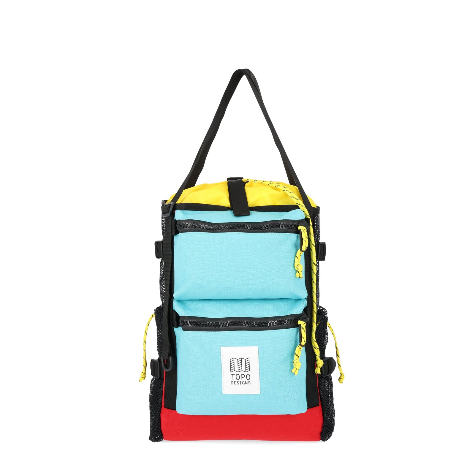 Topo Designs River Bag cinch top tote backpack with mesh sides in "Capri" blue recycled nylon.