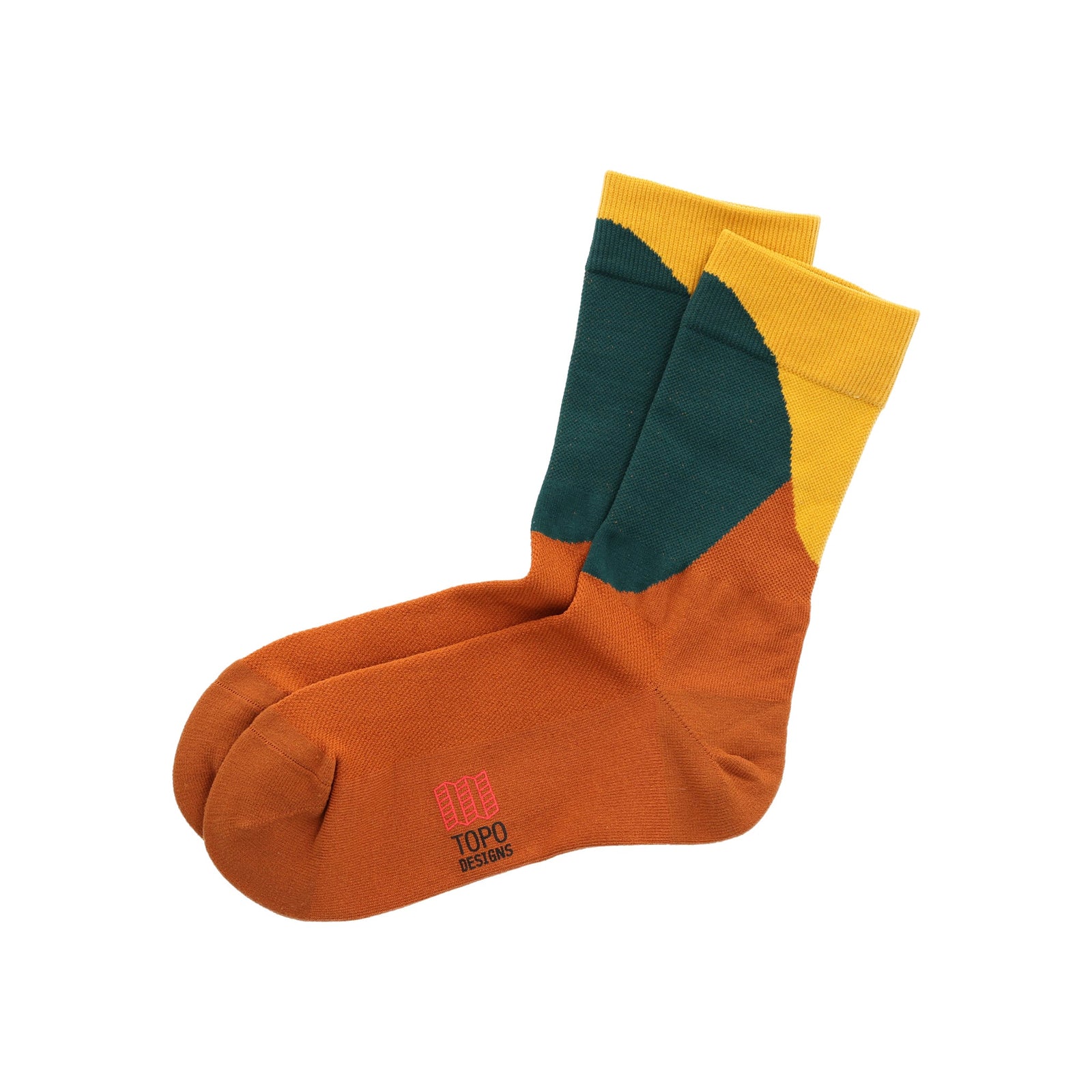 Topo Designs Sport Socks nylon blend athletic crew socks in "brick / green" orange, green, & mustard yellow.