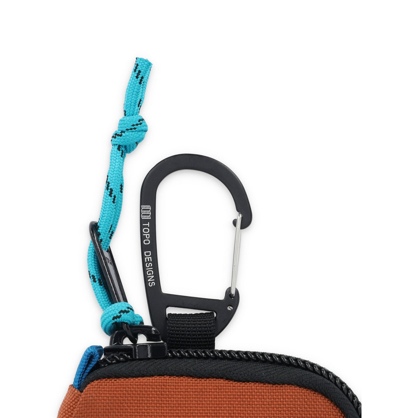 Carabiner clip and zipper pull on Topo Designs Square Bag keychain wallet in recycled "clay" orange nylon.