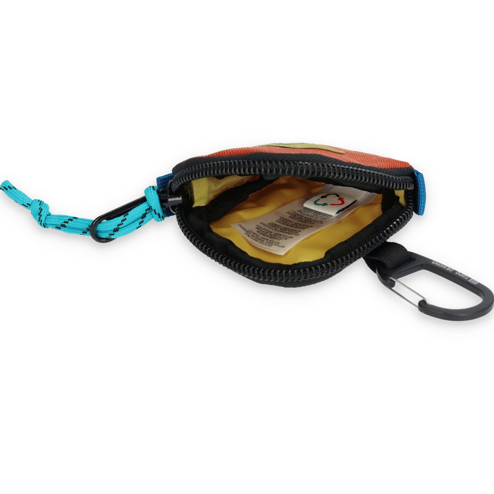 Yellow interior of Topo Designs Square Bag keychain wallet in recycled "clay" orange nylon.