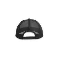 Snapback on back of Topo Designs Trucker Hat with mesh back and original logo patch in "Black".